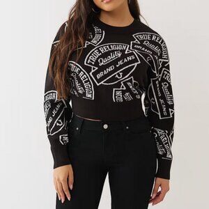 True Religion Monogram Jacquard Sweater Jet Black Cropped Logo Knit Top Large